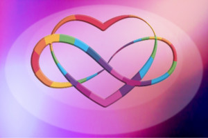 Pink Poly Polyamory heart with infinity loop in rainbow colors. On a pink oval button.