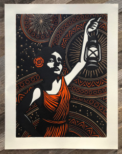 A smiling, mysterious woman holding a lamp revealing the night behind her A smiling, mysterious woman holding a lamp revealing the night behind her